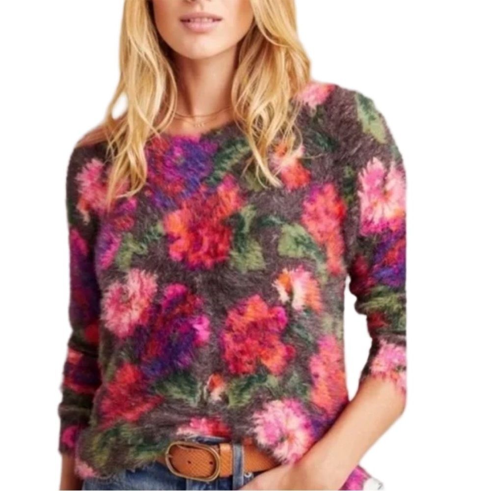 Anthropologie Vibrant Floral Eyelash Soft Crewneck Sweater Size XS